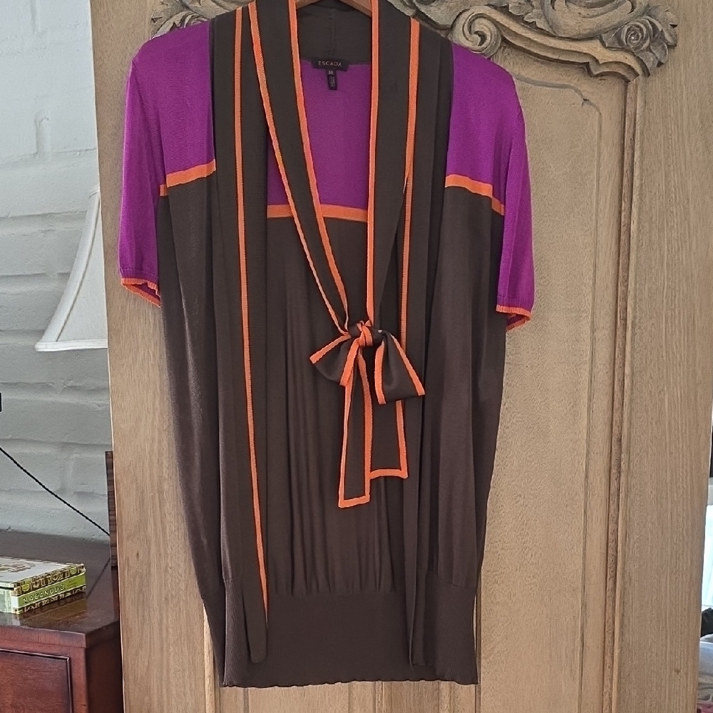 Escada Pink and Brown Short Sleeve Open Cardigan with Tie Belt